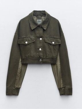 ZARA Olive Green Cropped Denim Bomber Jacket Size M NWT